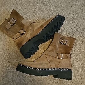 Vince Camuto Suede Ankle Boots with Buckle Detail - olive brown genuine suede